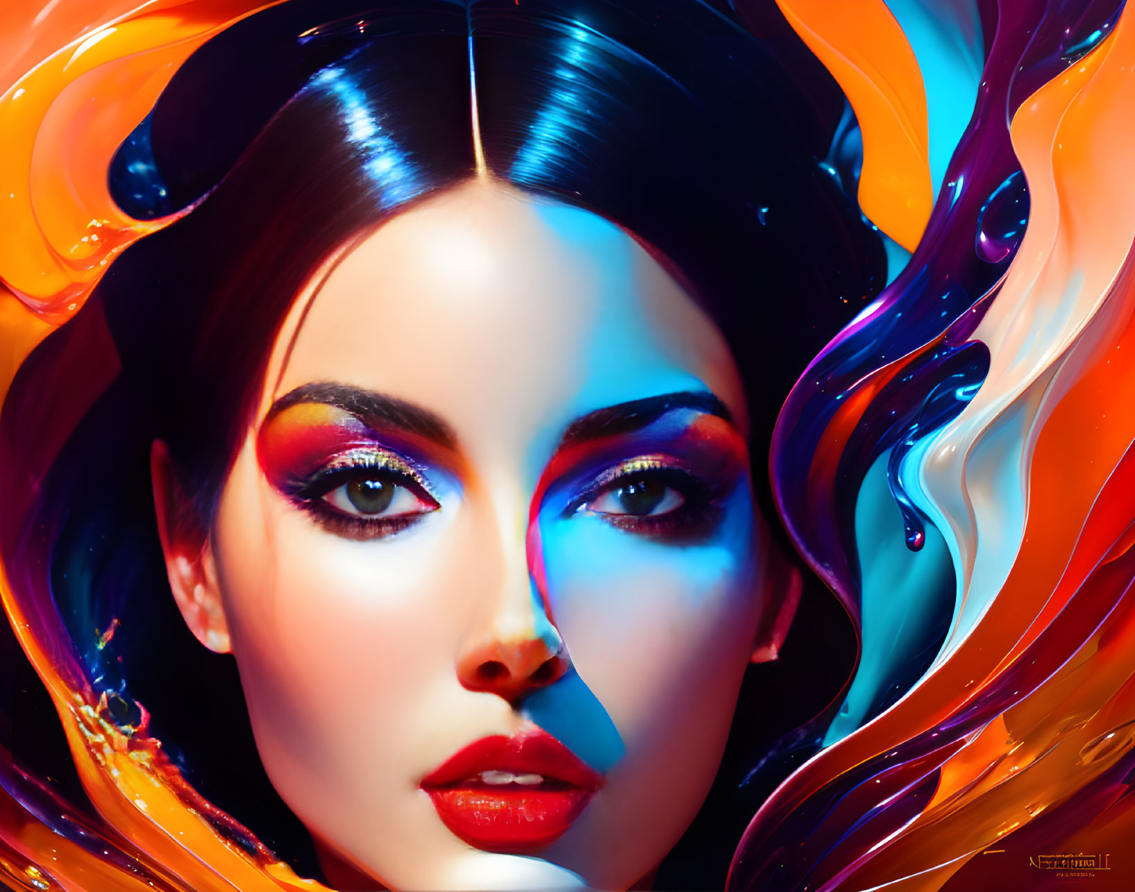 Colorful artwork featuring a woman with striking makeup in swirling liquid forms