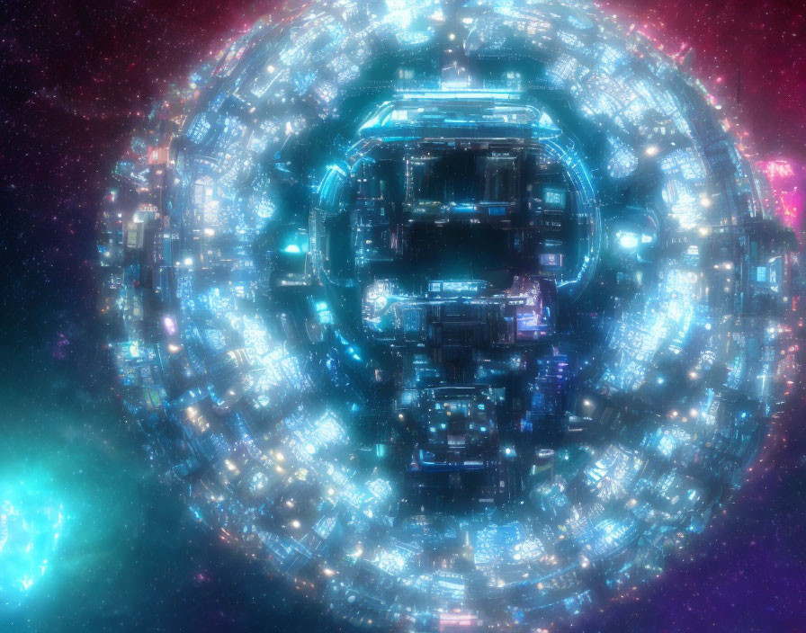 Futuristic circular space station with blue and purple lights on cosmic backdrop