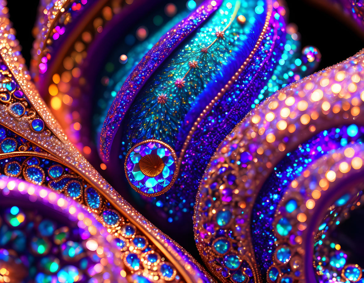 Colorful Glitter Swirls with Jewel Accents and Peacock Feather Design