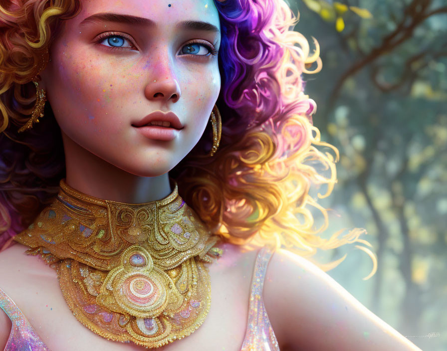 Fantasy woman portrait: blue eyes, multicolored hair, freckles, golden jewelry,