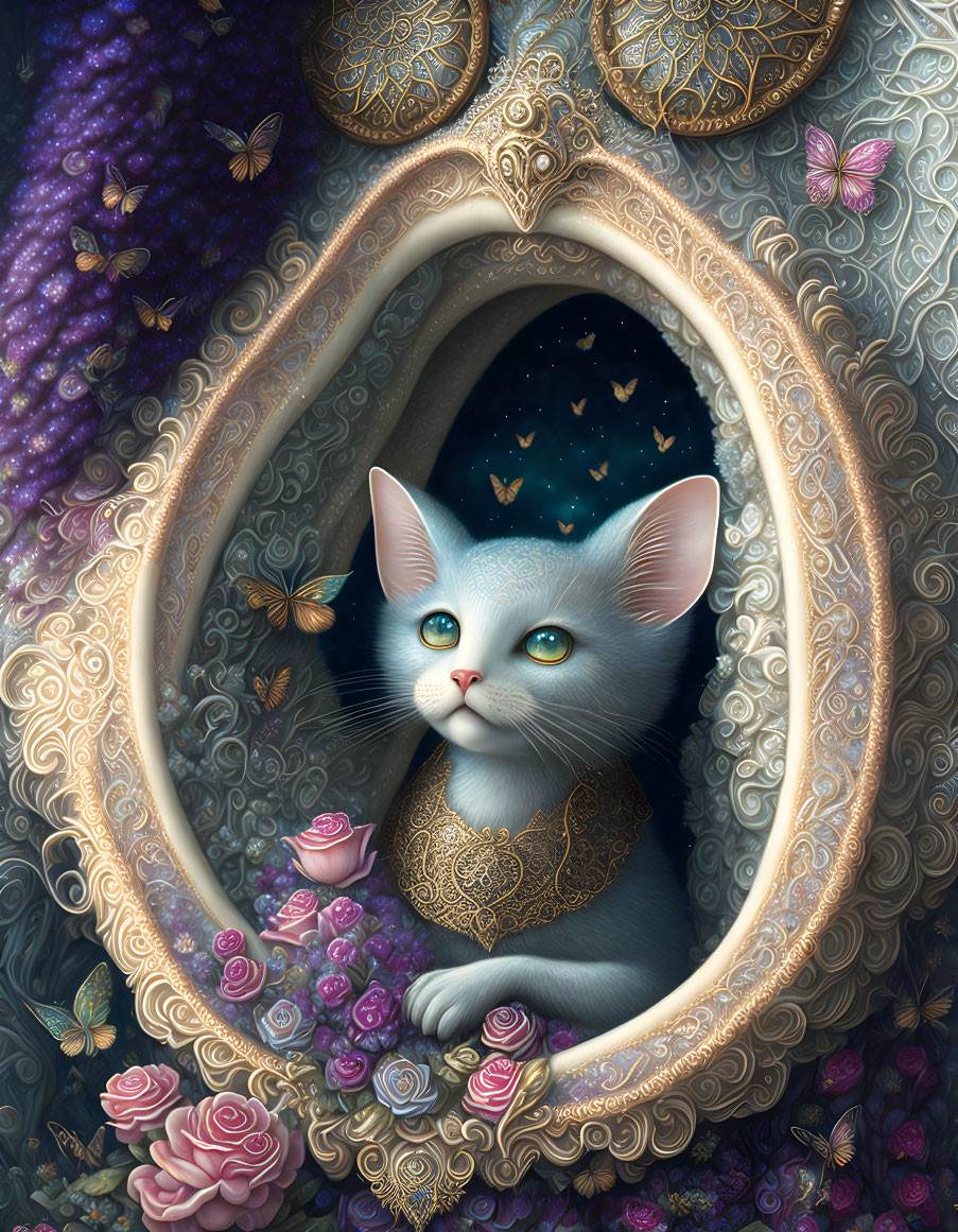 Whimsical cat illustration with green eyes, golden collar, roses, butterflies, and starry backdrop