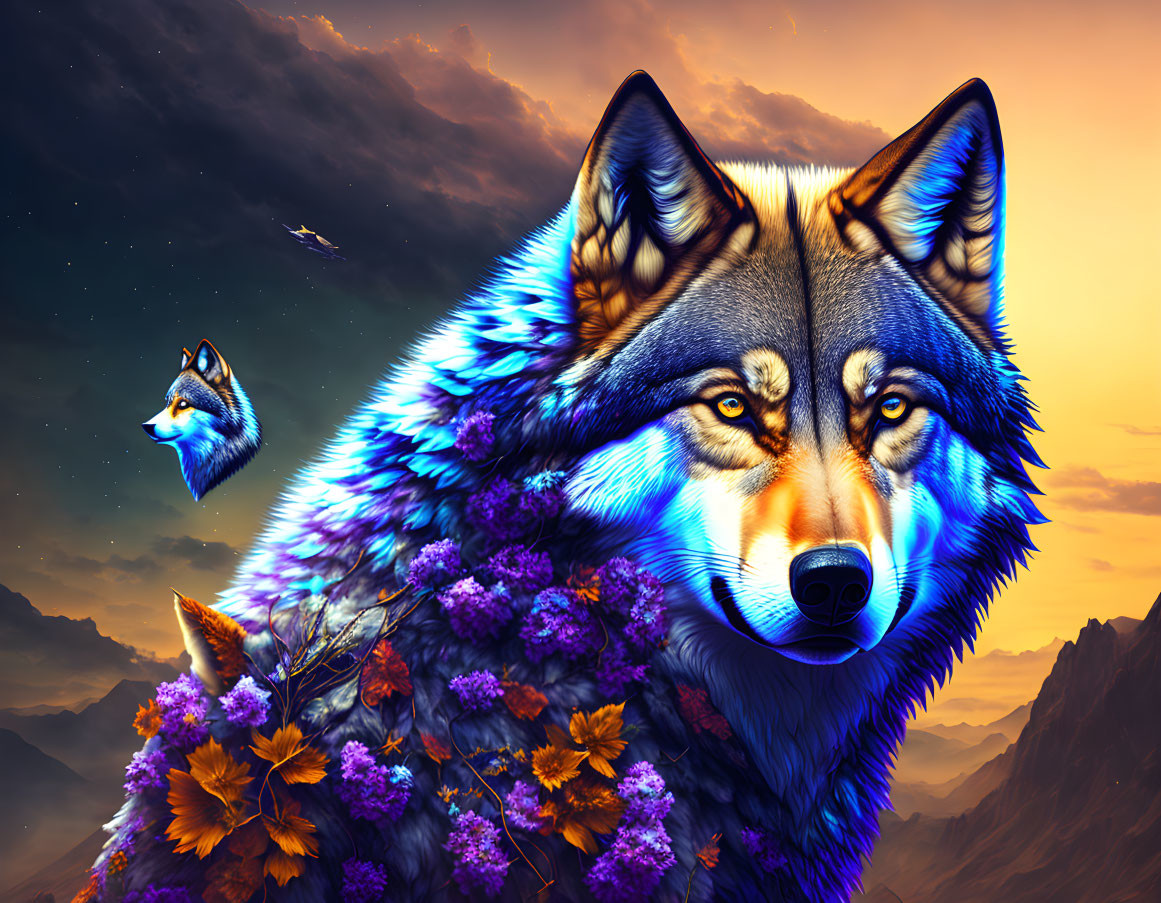 Colorful digital artwork: Wolf with blue and orange fur in floral sunset scene