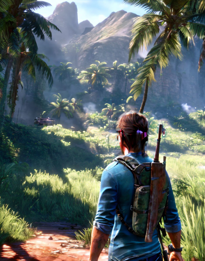 Character with rifle in lush greenery gazes at misty mountains