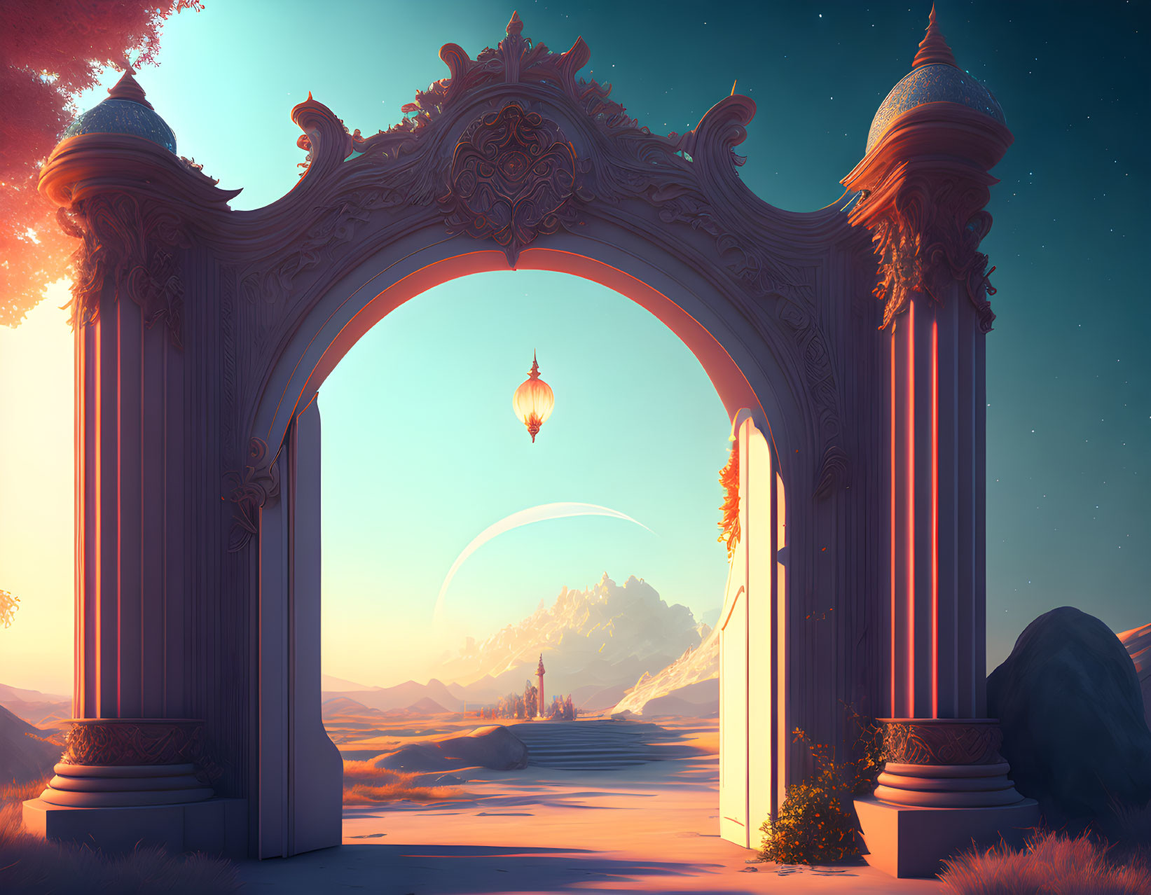 Ornate archway leading to dreamy landscape with lantern, castle, and planet at twilight