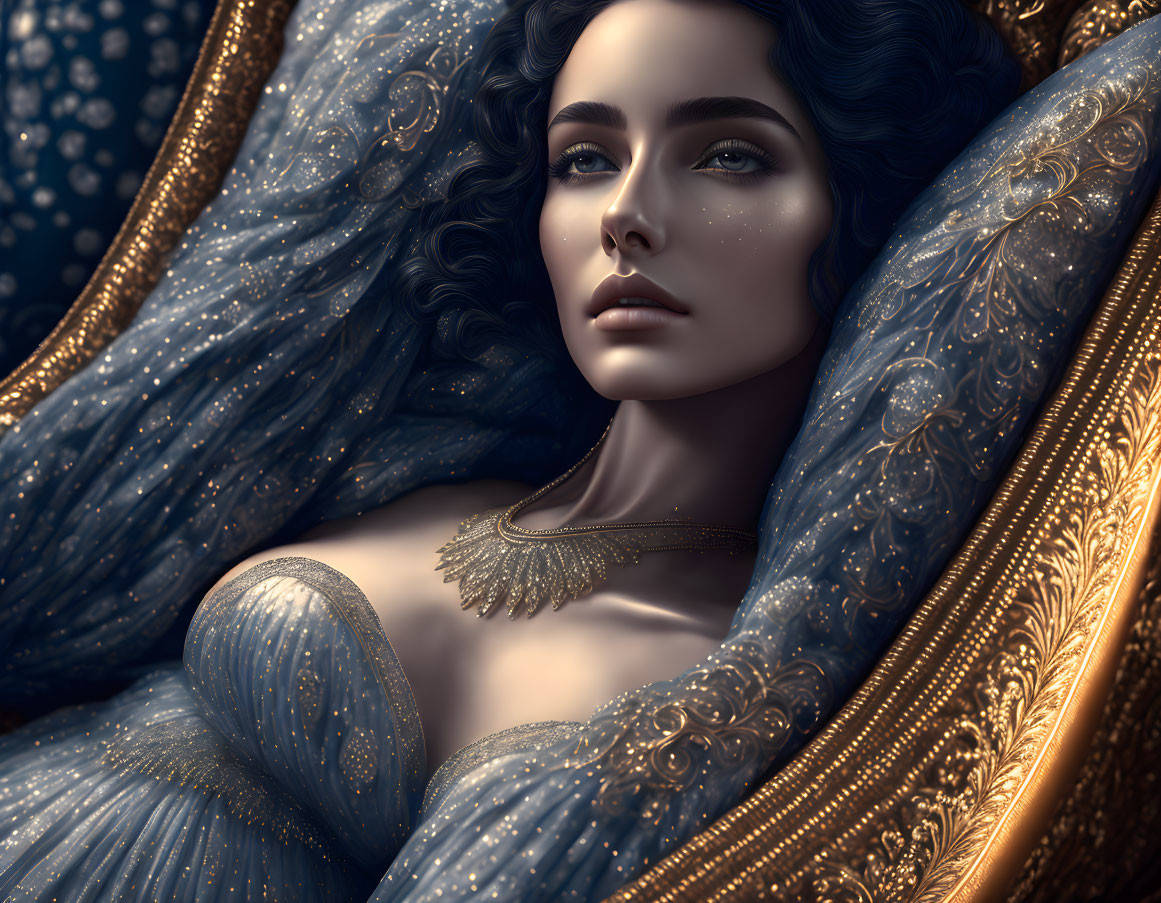 Digital artwork: Woman with dark hair, blue eyes, in rich blue gown with golden details reclining