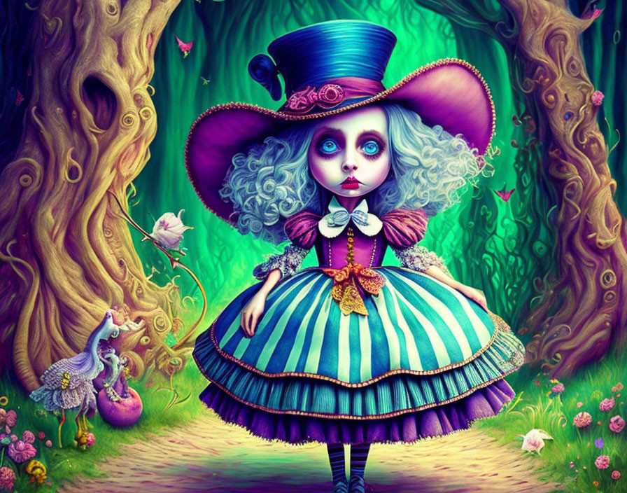 Whimsical character in large hat and striped dress in colorful forest