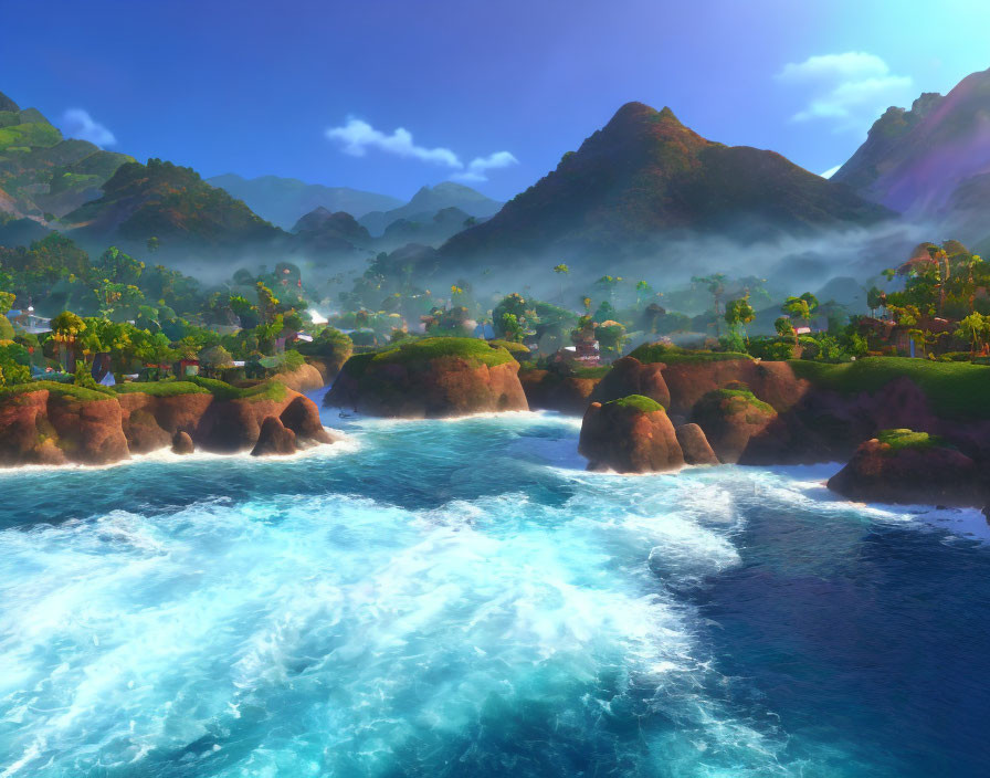 Tranquil tropical landscape with lush greenery, misty mountains, and rushing turquoise waters