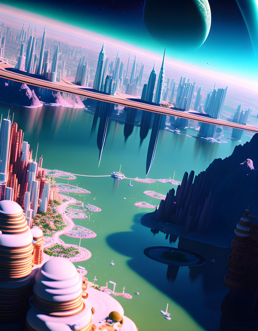 Futuristic cityscape with skyscrapers, floating structures, and pink skies