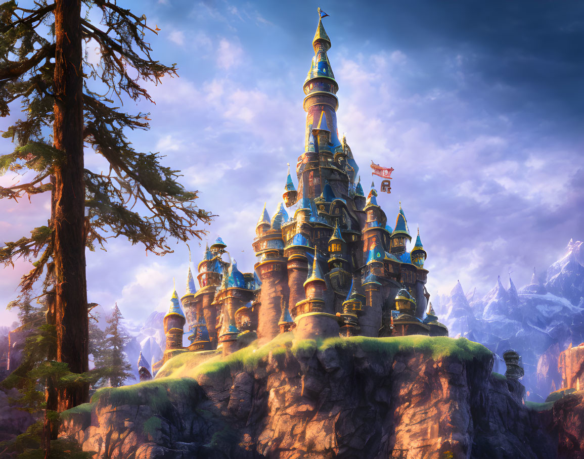 Fairytale castle on lush hilltop with trees, mountains, and glowing sky