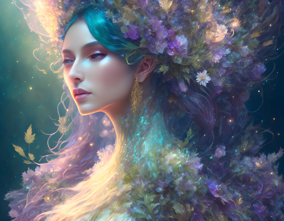 Mystical woman with floral headdress in glowing blue setting