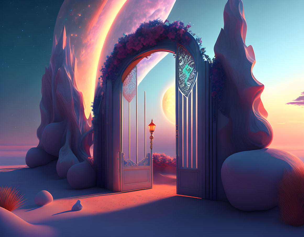 Ornate gate on fantastical beach with sunset sky, glowing rocks, and surreal planet.