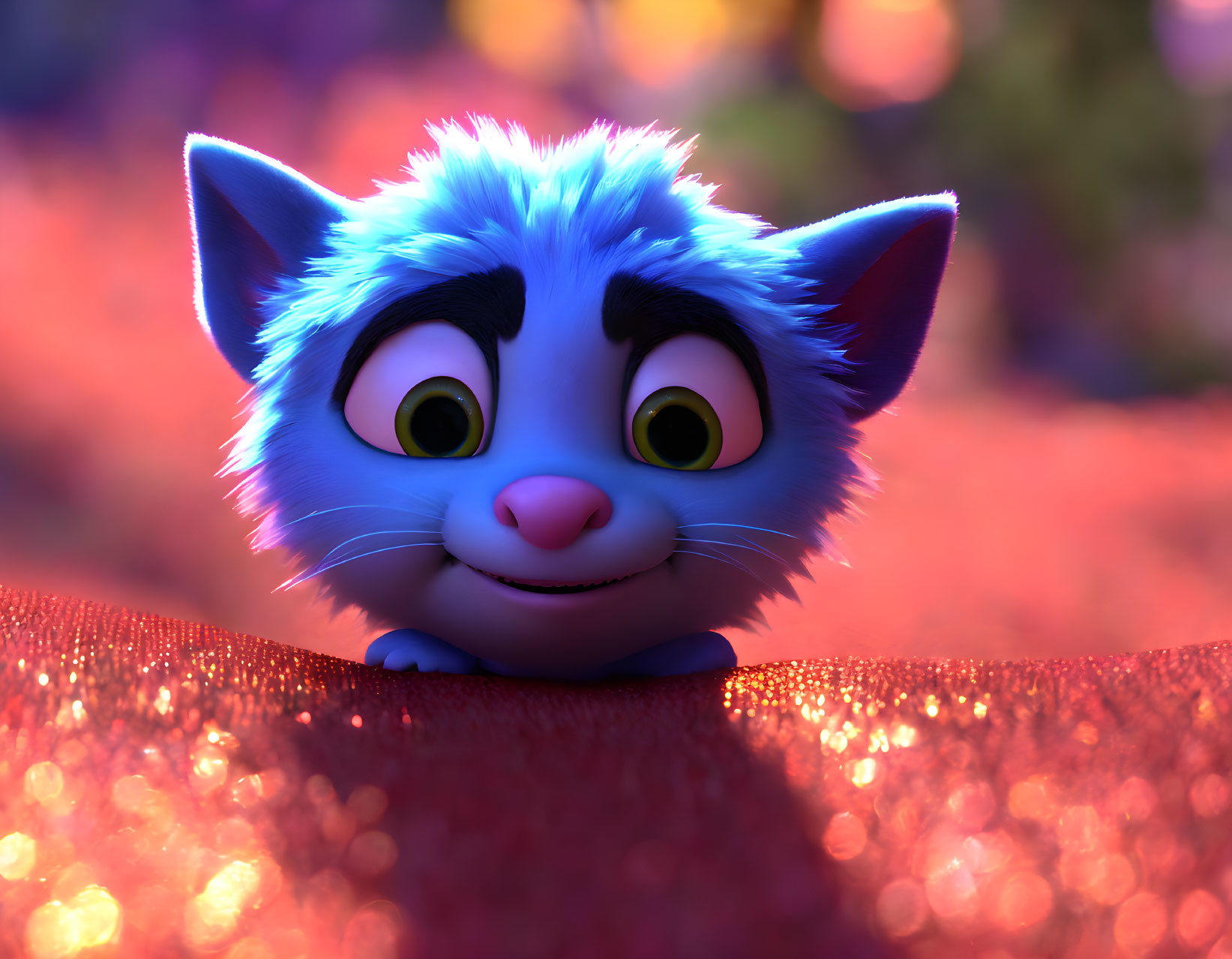 Animated Blue and White Furry Creature with Green Eyes on Pink Background