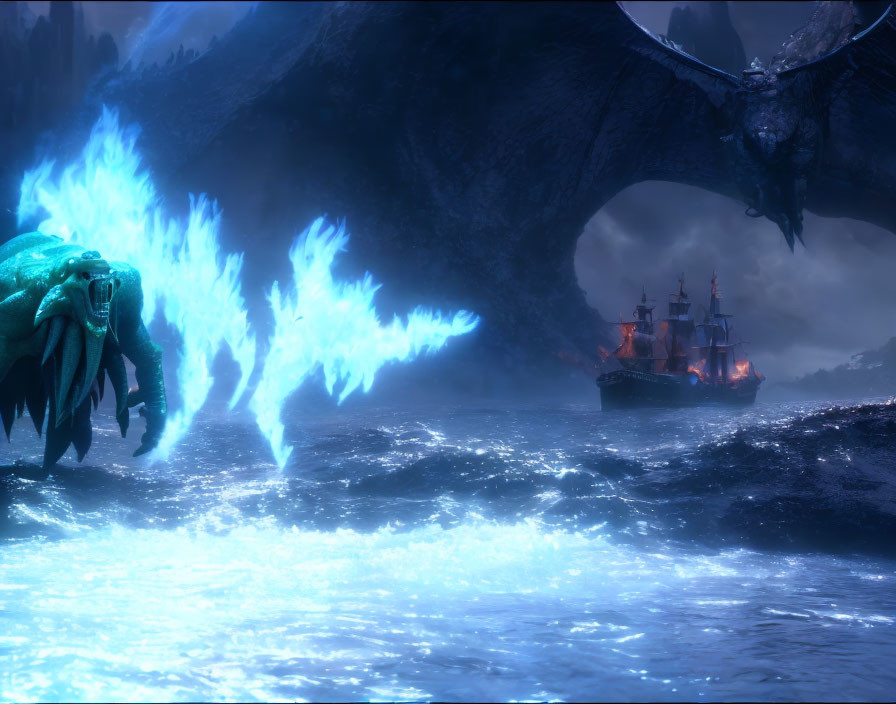 Blue dragon with icy wings in ocean water with burning ship and looming dragon