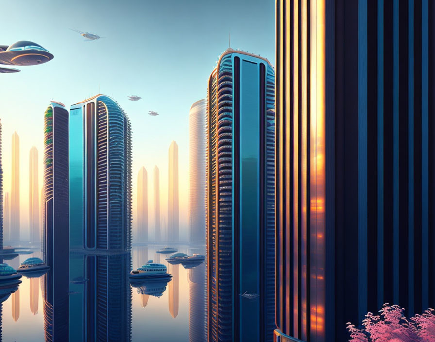 Futuristic cityscape with sleek skyscrapers and flying vehicles at sunset