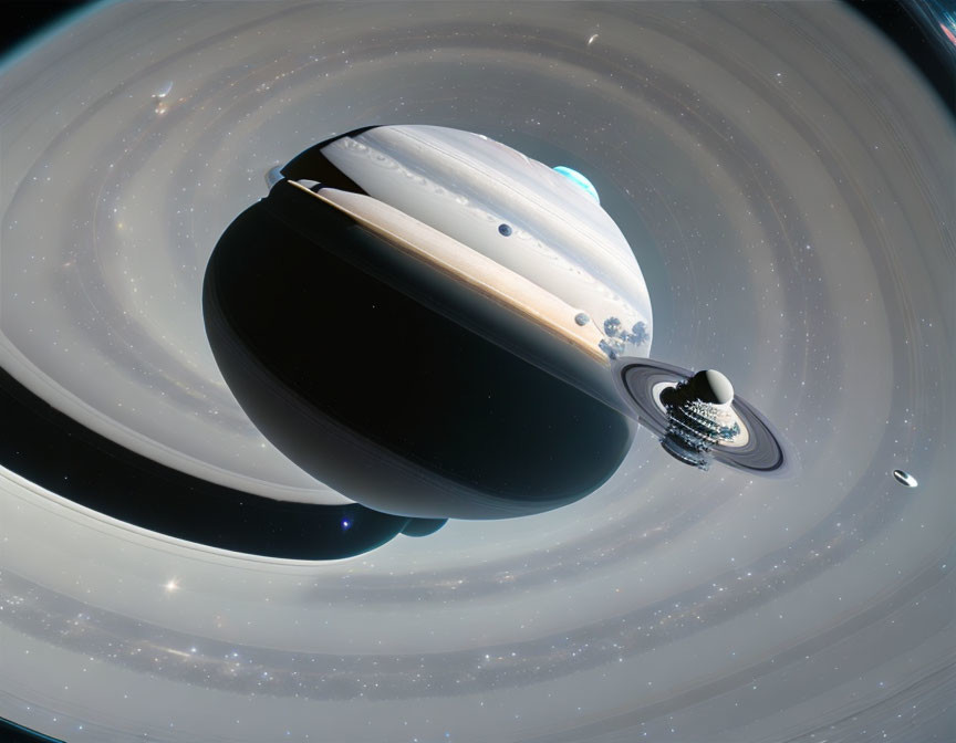 Digital artwork: Saturn with exaggerated rings and sci-fi spaceship orbiting planet