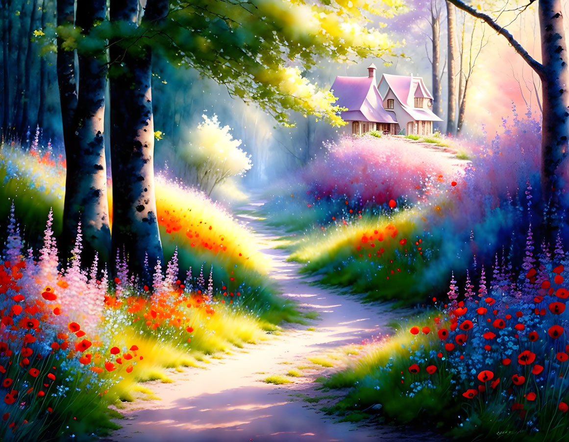 Colorful Wildflower Path Leading to Quaint Cottage in Forest