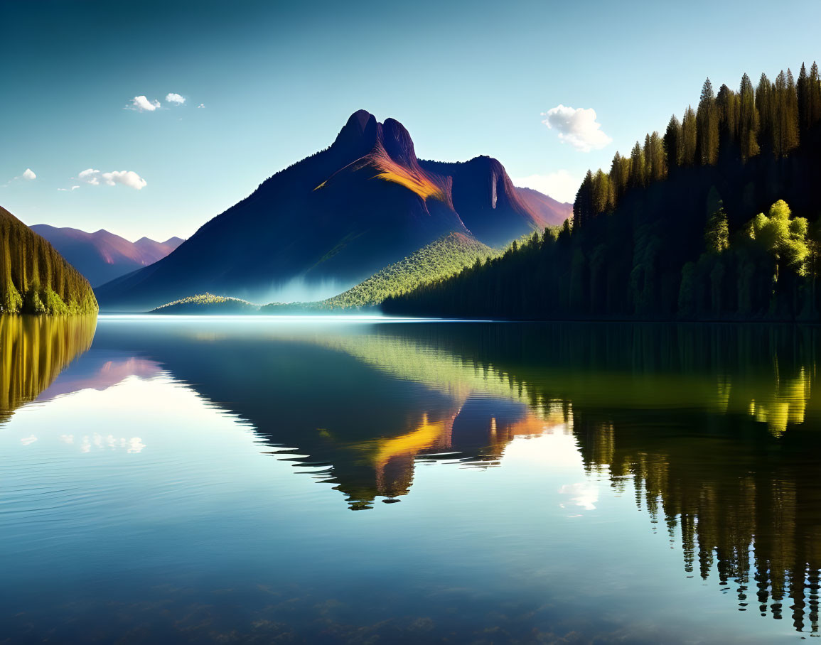 Scenic lake with mountain range and forest under clear blue sky at sunset