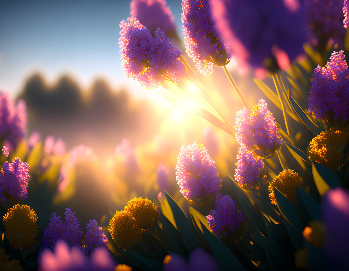 Sunlit Purple and Yellow Flower Field at Sunset