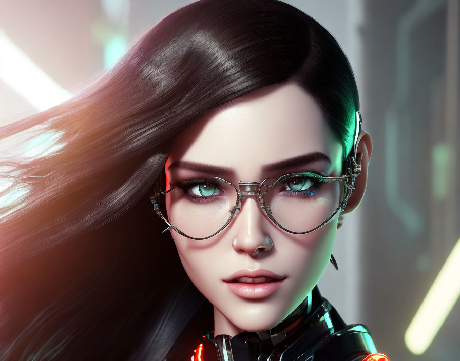 Futuristic digital art: woman with sleek hair and glasses