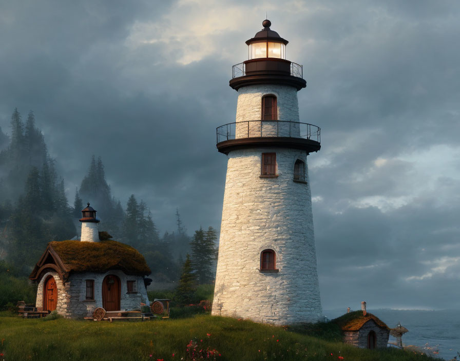 Tranquil sunset scene with lighthouse, cottage, and wildflowers