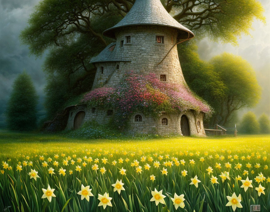 Stone cottage with conical roof in lush garden with daffodils