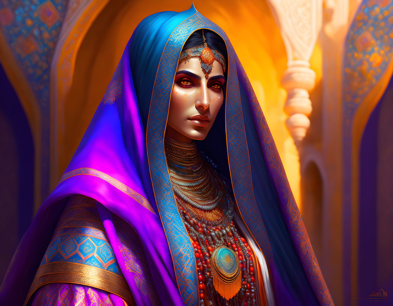 Regal woman in blue and purple veil with gold patterns and jewelry against golden backdrop