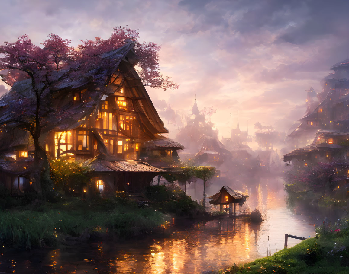 Traditional houses in serene fantasy village at dusk with cherry blossoms and calm river.