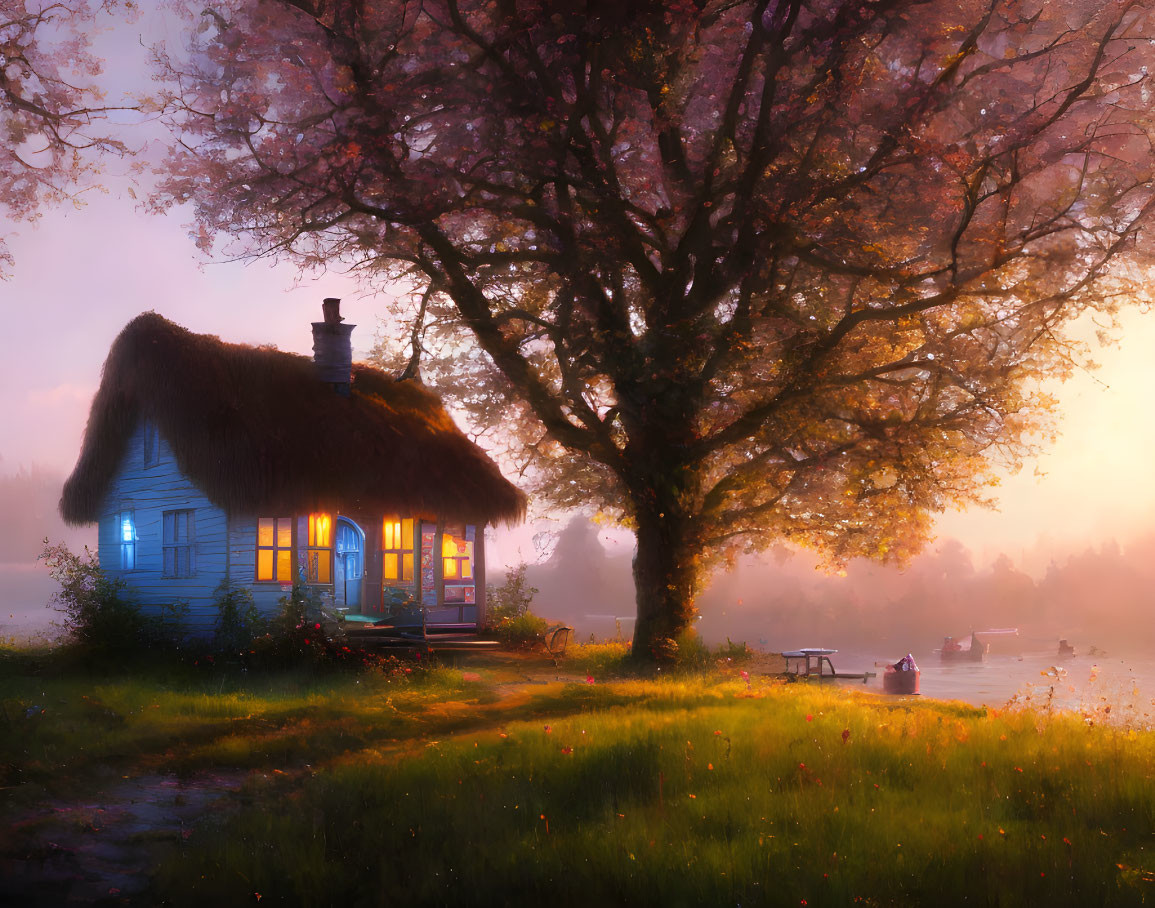 Blue Thatched Roof Cottage by Blossoming Tree at Sunset