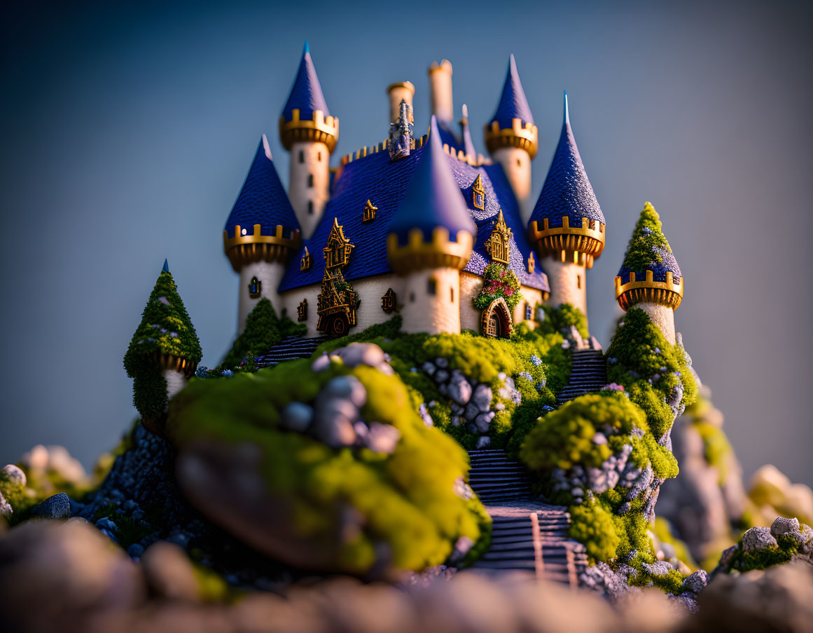 Miniature fantasy castle with blue roofs in lush greenery setting