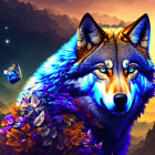 Colorful digital artwork: Wolf with blue and orange fur in floral sunset scene