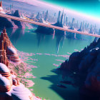 Futuristic cityscape with skyscrapers, floating structures, and pink skies