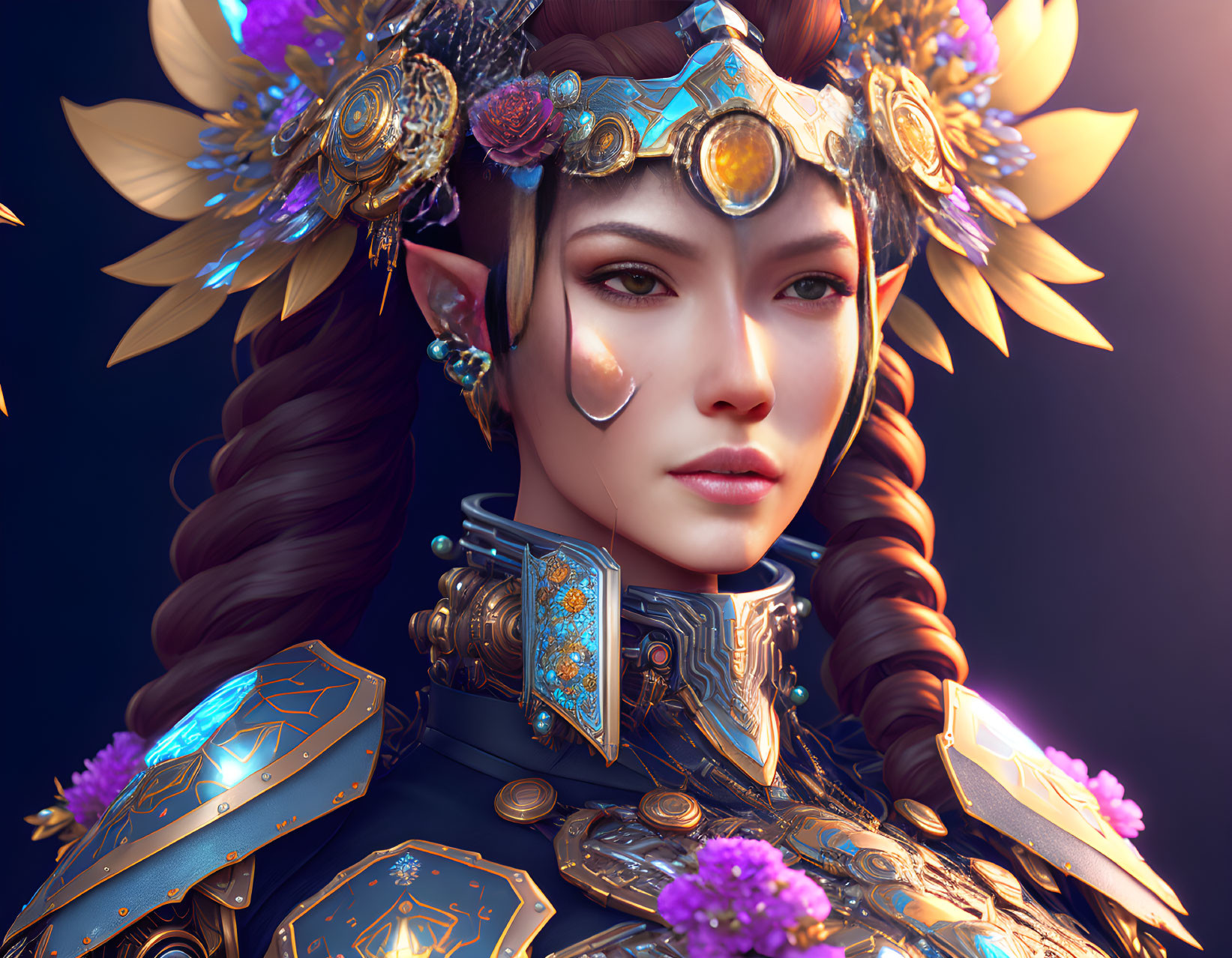 Detailed Digital Portrait: Fantasy Female Character in Gold Armor with Purple Accents