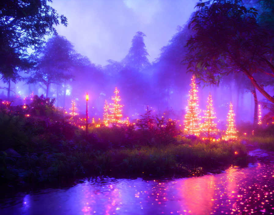 Enchanting forest scene with glowing pink and purple lights at dusk