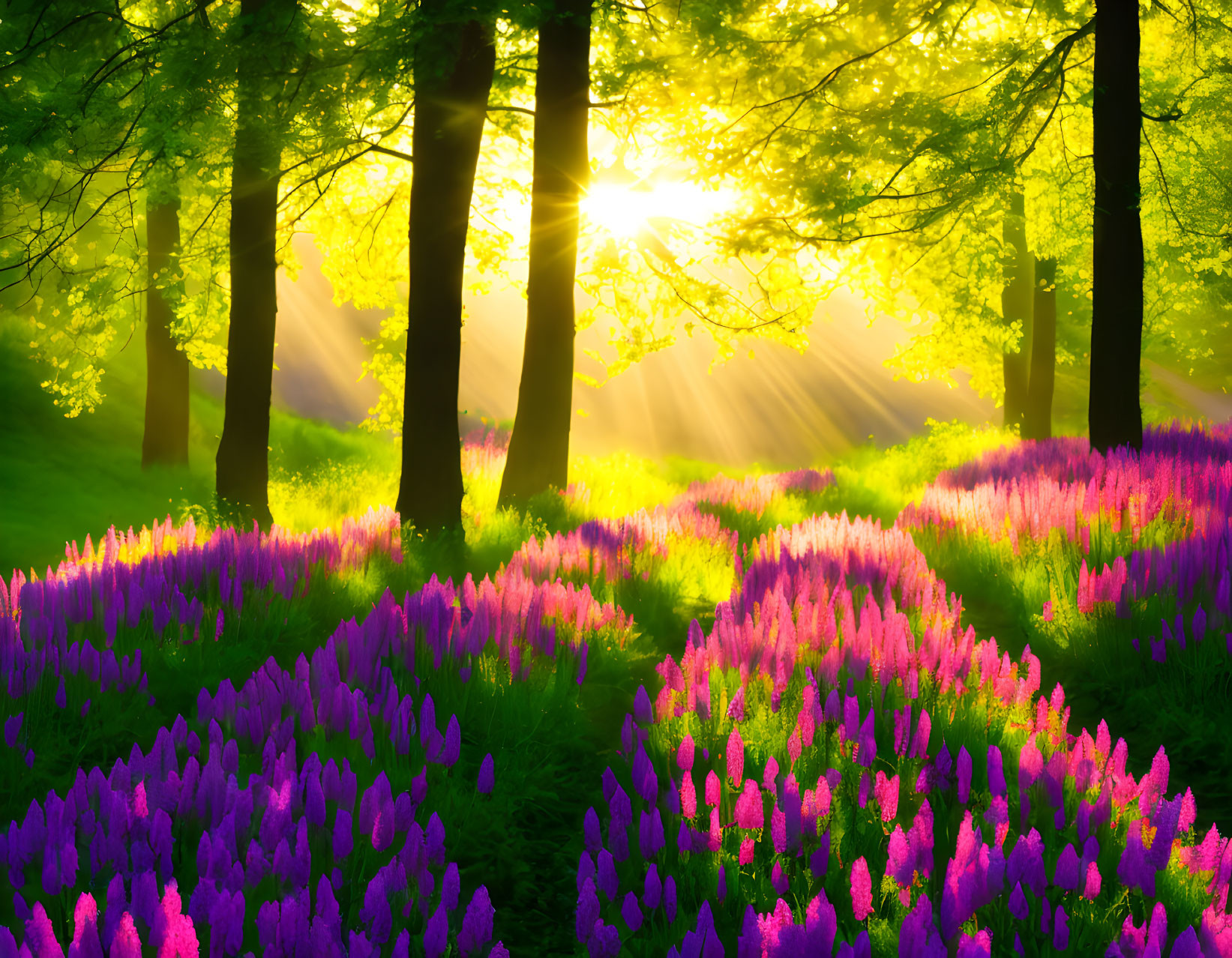 Vibrant forest with sunrise rays and purple flowers