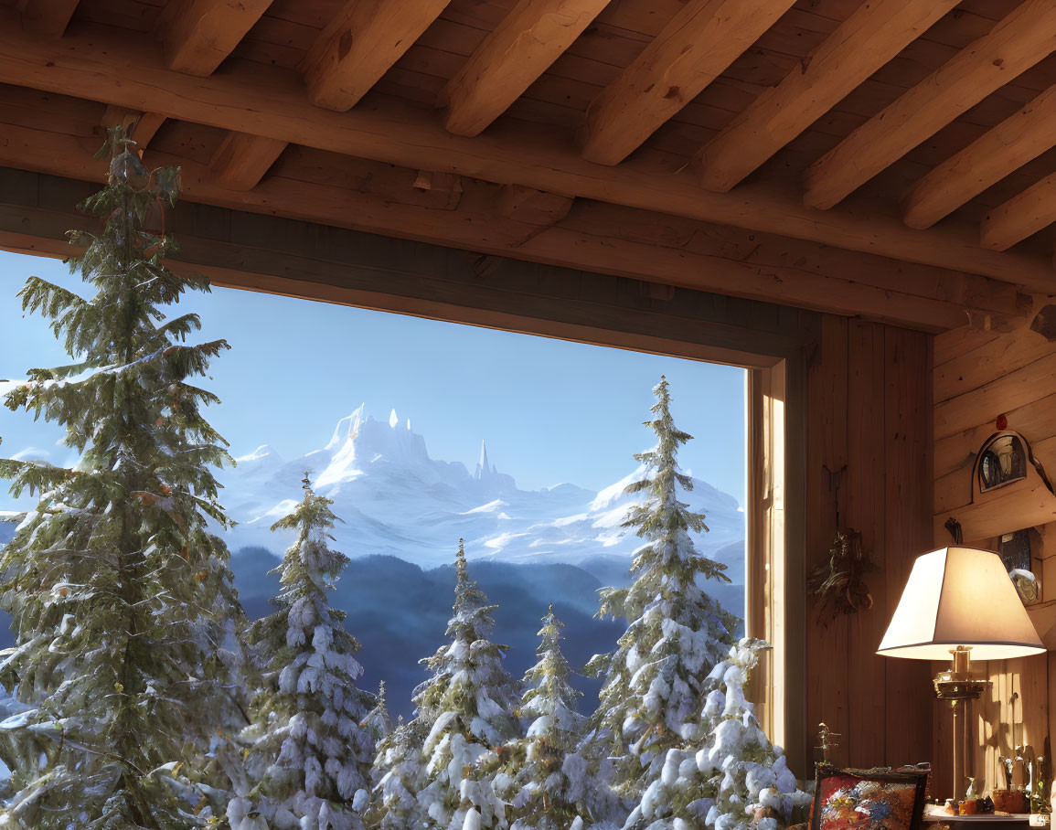 Snow-covered trees and mountain view from cozy room window