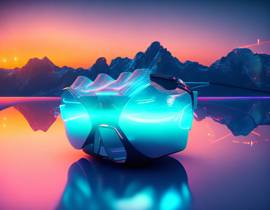 Neon-lit virtual reality headset on reflective surface with purple mountains and sunset sky