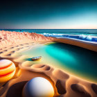 Surreal beachscape: starry sky, planets, vibrant dunes, glowing pool.