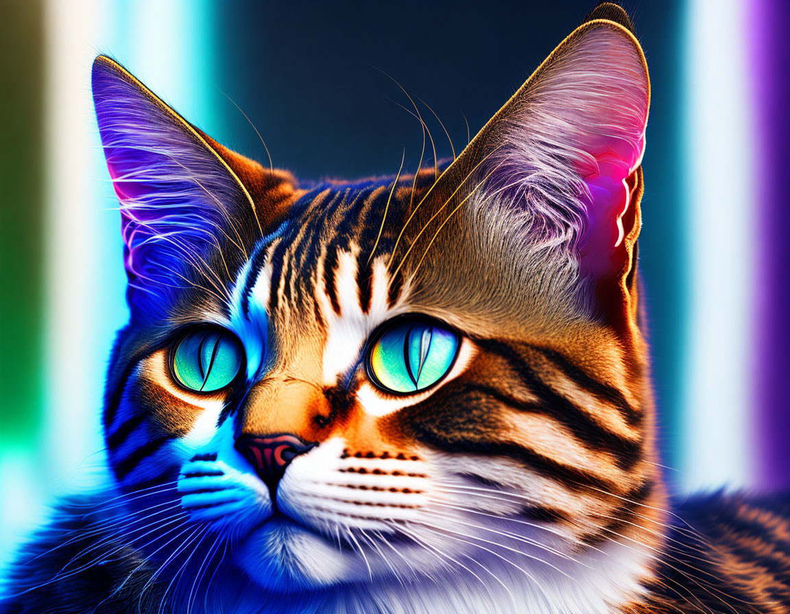 Colorful Cat Artwork with Blue Eyes & Abstract Neon Background