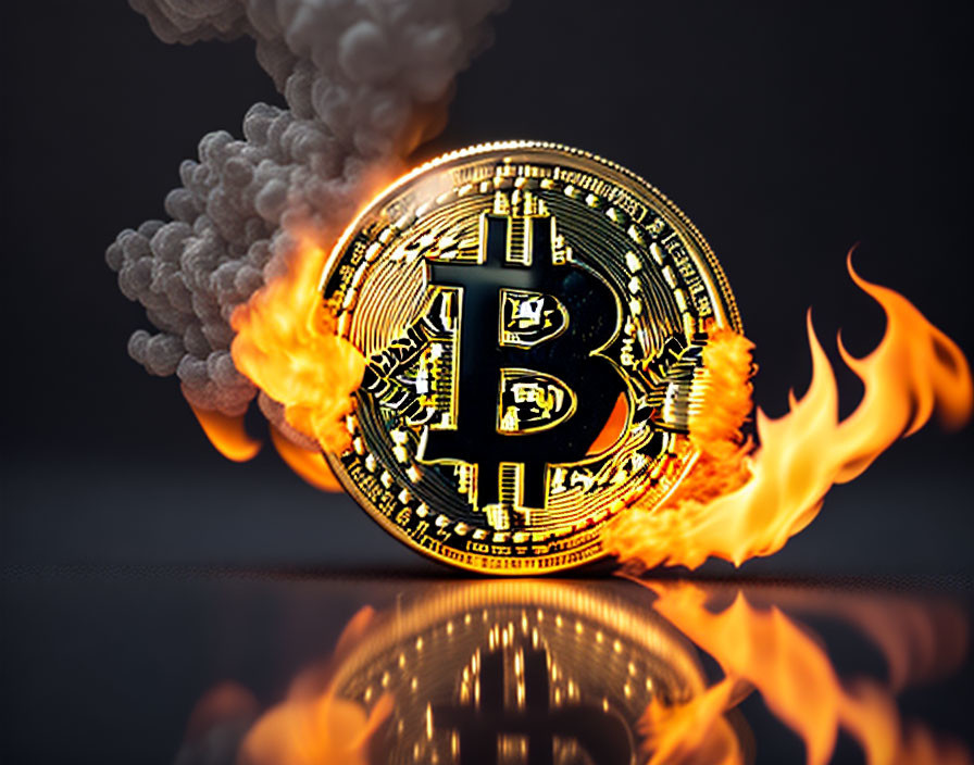 Golden Bitcoin engulfed in flames on dark background with glossy reflection