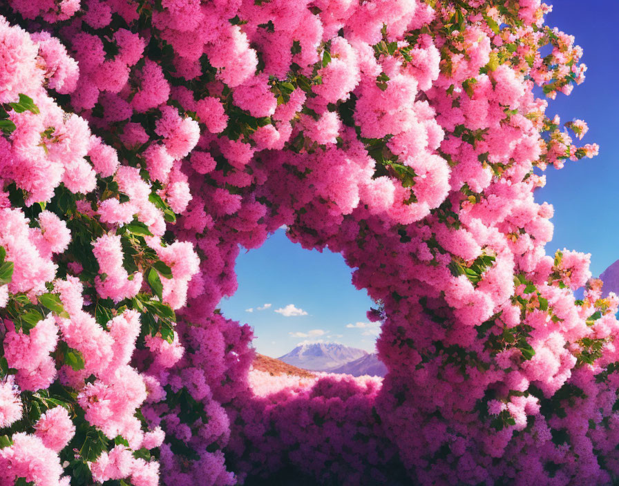 Pink Cherry Blossom Arch Over Distant Mountains under Blue Sky