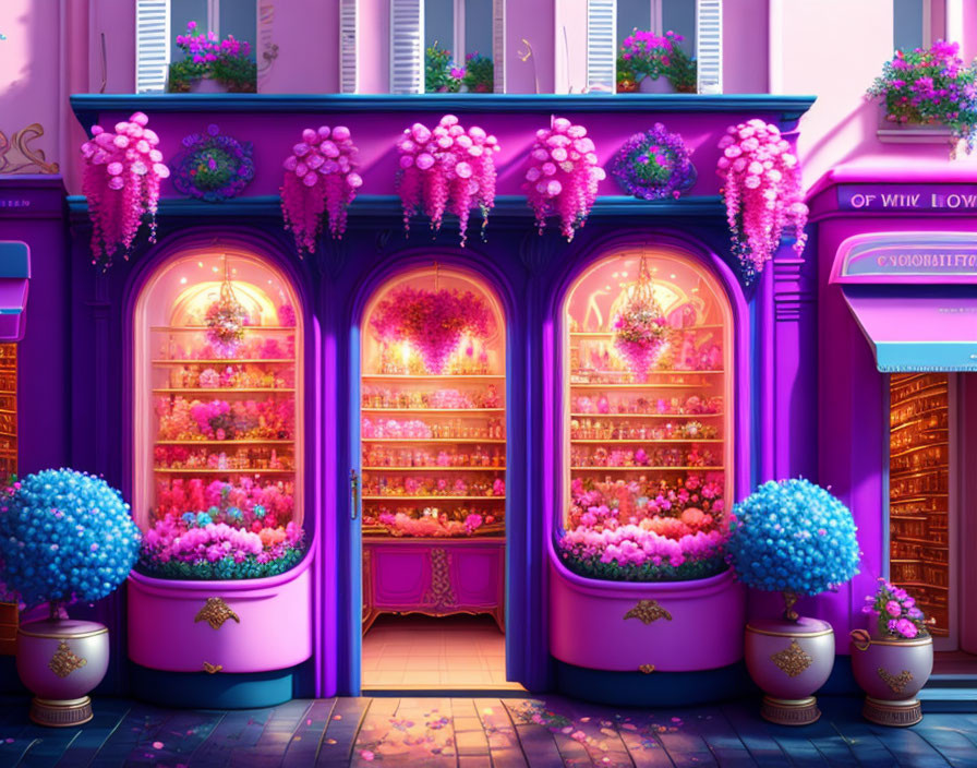 Colorful illustration of charming purple storefront with pink flowers and golden accents.