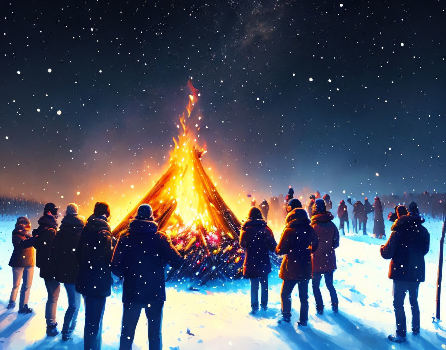 People around large bonfire on snowy night under starry sky