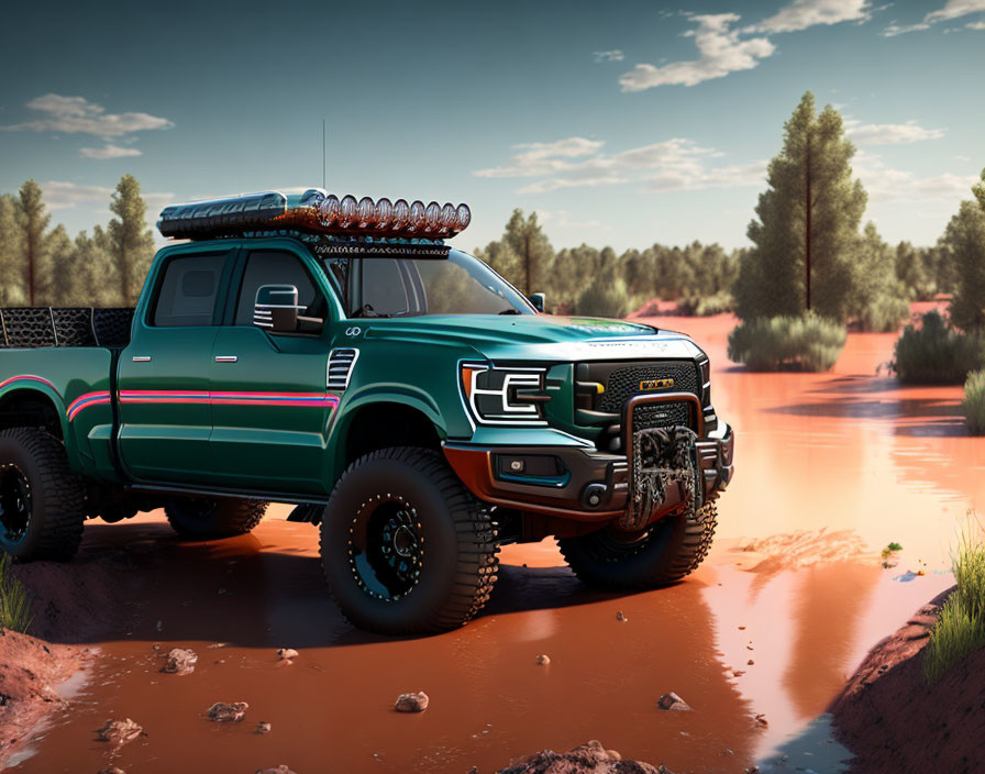 Green Off-Road Truck Crossing Shallow Muddy River