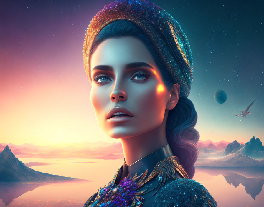 Futuristic digital artwork of a woman with blue eyes in twilight landscape