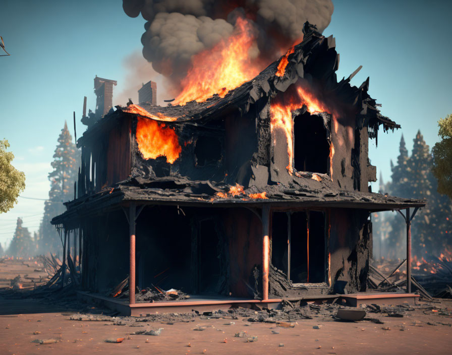 Burning two-story house surrounded by smoke and trees