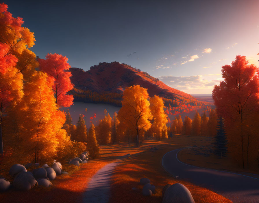 Vibrant Autumn Landscape with Orange and Yellow Trees, Winding Road, and Mountain Backdrop