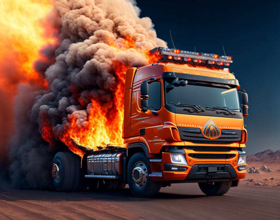 Burning orange semi-truck in desert with thick smoke