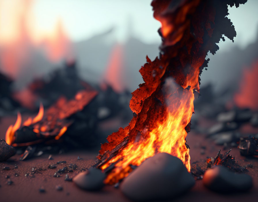 Flames consuming burning paper on rocky terrain with blurred mountains in background