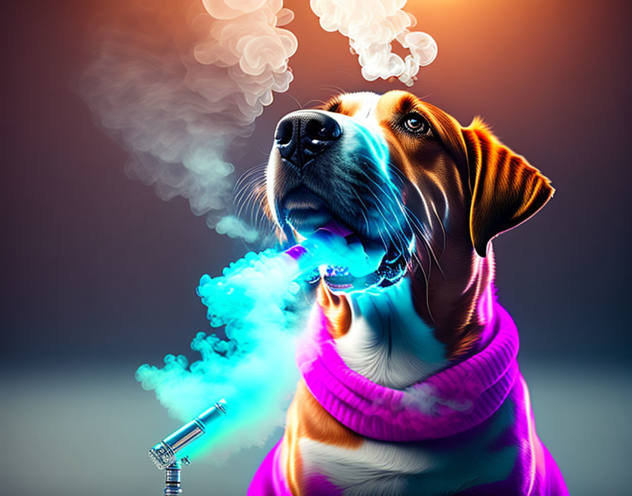 Whimsical dog with smoking pipe and scarf on vibrant backdrop