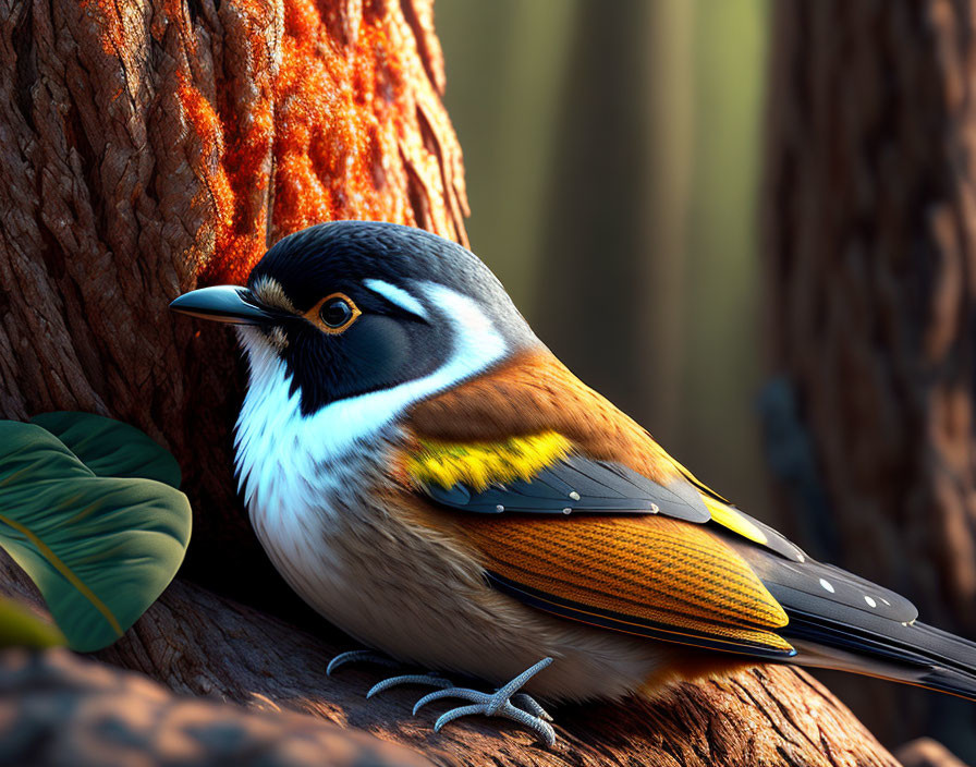 Colorful Bird with Black Head Stripe and Yellow Feathers Perched on Tree Trunk